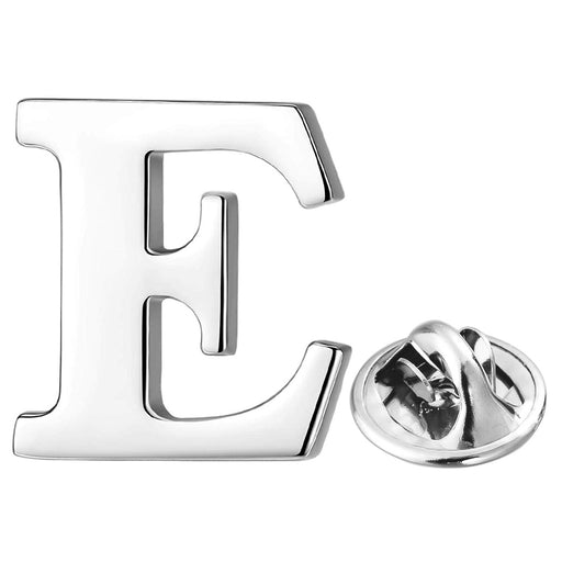 Silver Alphabet Initial Brooch For Men Letter E Front View