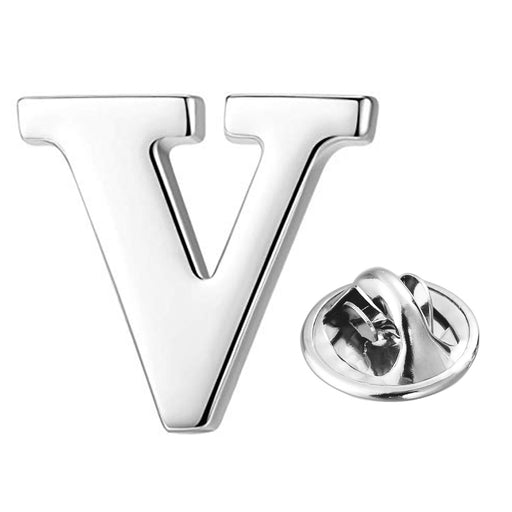 Silver Alphabet Initial Brooch For Men Letter V Front View