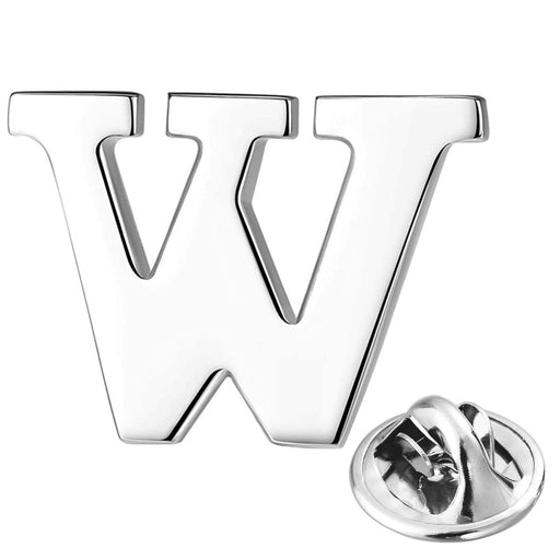 Silver Alphabet Initial Brooch For Men Letter W Front View