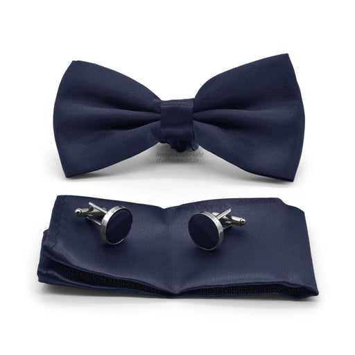 Dark Navy Blue Bow Tie Pocket Square Set For Men Silky Polyester