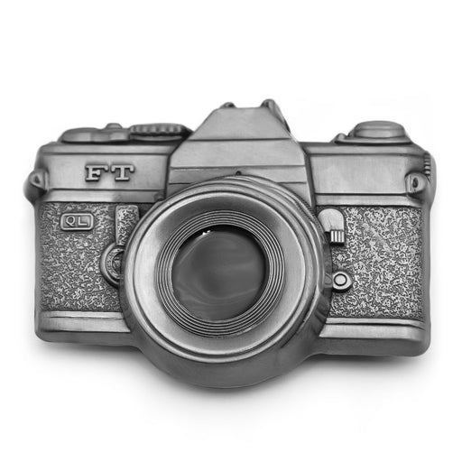 Photographic Camera Belt Buckle Pewter Grey Front