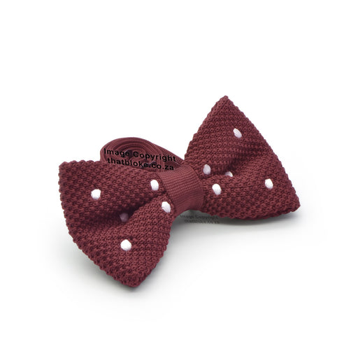 Knitted Maroon Bow Tie With White Polkadots Side View