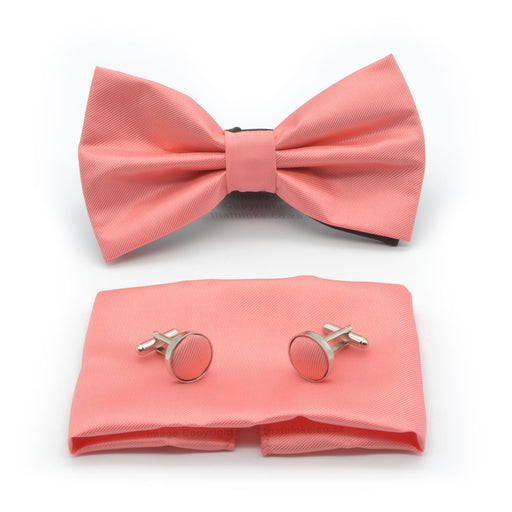 Pink Peach Bow Tie and Pockets Square Set For men Textured Polyester