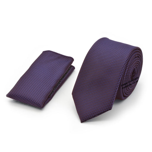 Dark Purple Neck Tie Pocket Square Set Slim Patterned Polyester