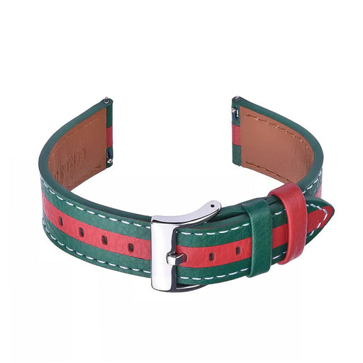 18mm Watch Strap Green with Red Racing Stripe Genuine Leather Front View