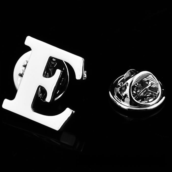 Silver Alphabet Initial Brooch For Men Letter E Display