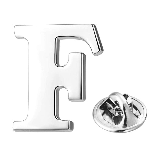 Silver Alphabet Initial Brooch For Men Letter F Front View