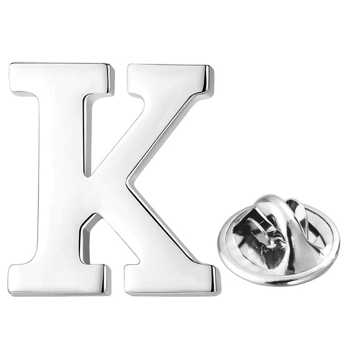 Silver Alphabet Initial Brooch For Men Letter K Front View