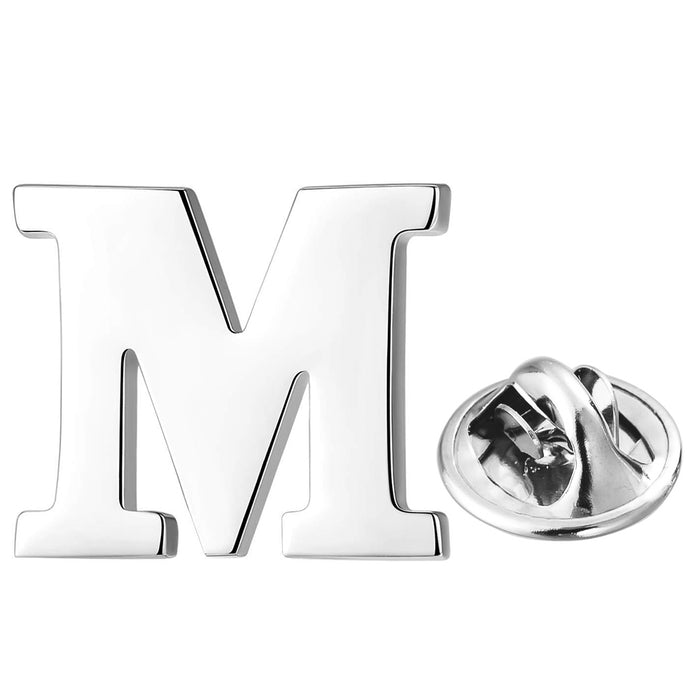 Silver Alphabet Initial Brooch For Men Letter M Front View