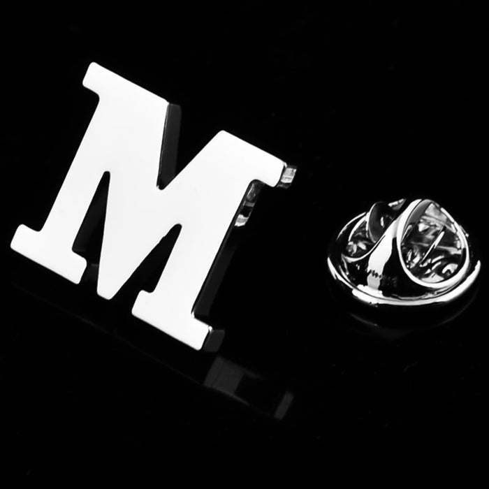 Silver Alphabet Initial Brooch For Men Letter M Display