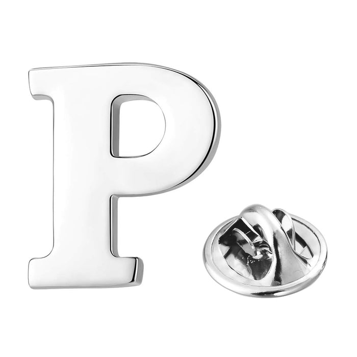 Silver Alphabet Initial Brooch For Men Letter P Front View