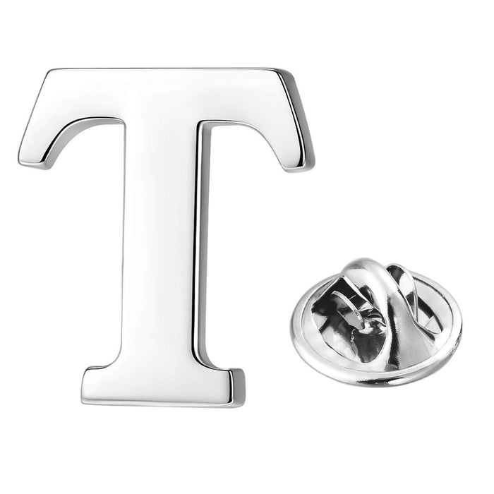 Silver Alphabet Initial Brooch For Men Letter T Front View