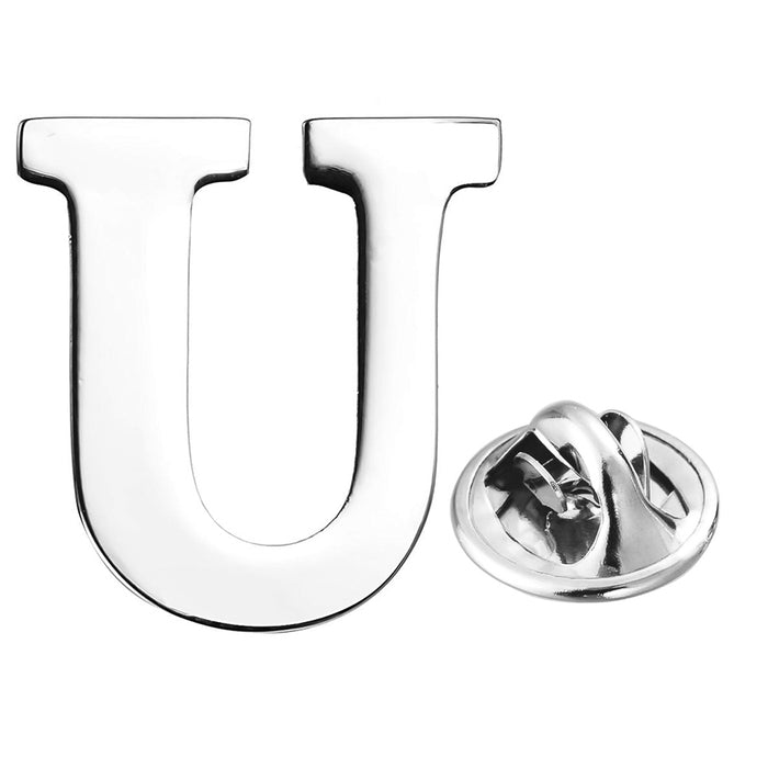 Silver Alphabet Initial Brooch For Men Letter U Front View