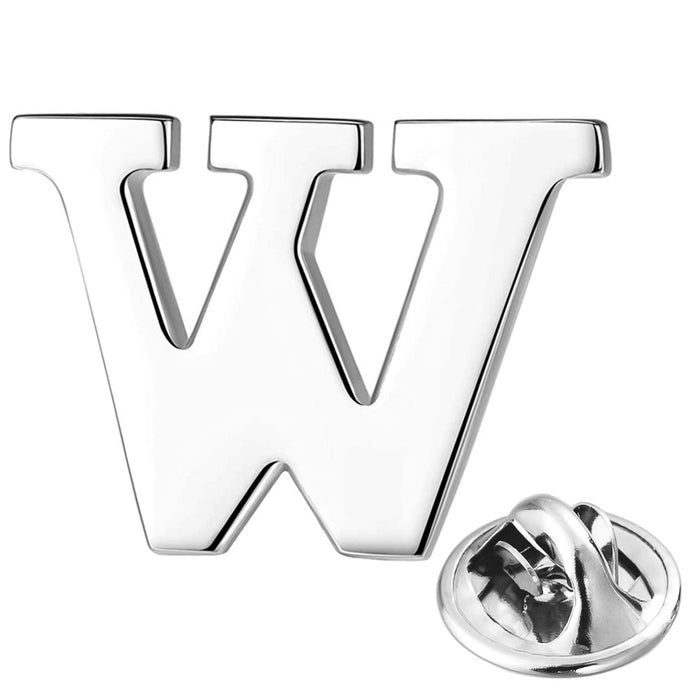 Silver Alphabet Initial Brooch For Men Letter W Front View