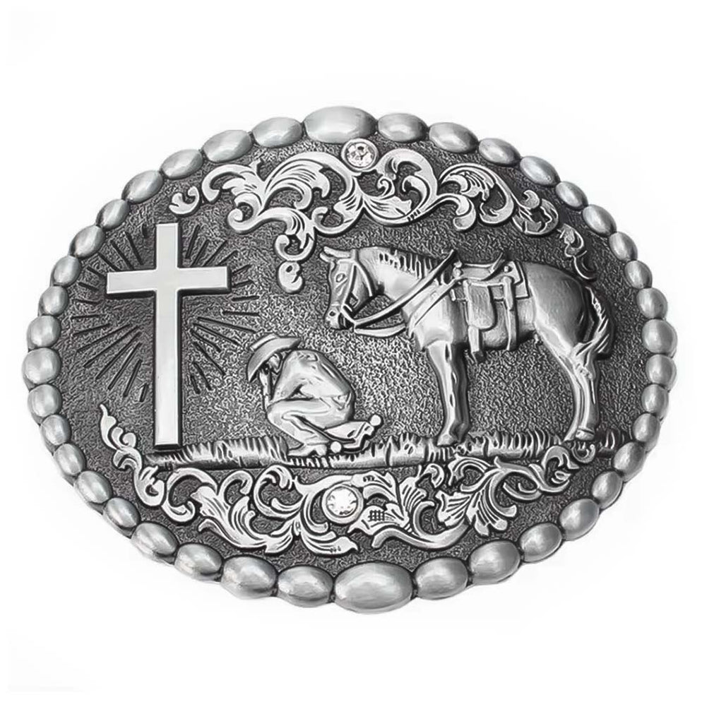 Cowboy Cross Horse Belt Buckle Pewter Grey — That Bloke