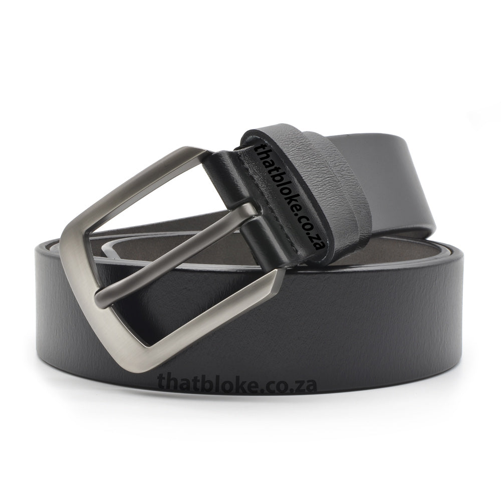 22日まで！ARGUELONG LETHER BELTBLACKx silver Genuine Leather Formal Black Belt - Curved Brushed Alloy Buckle