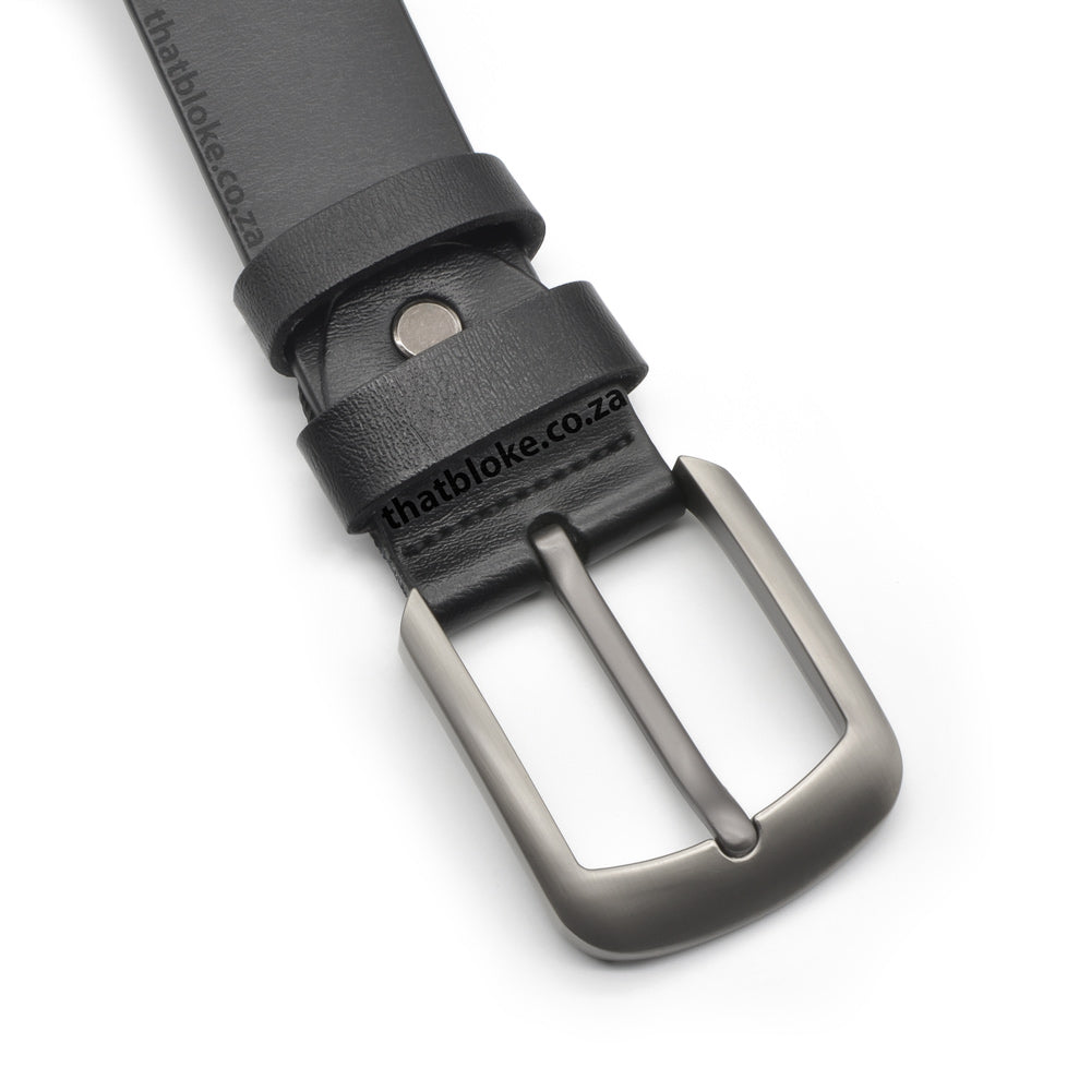 Genuine Leather Formal Black Belt - Curved Brushed Alloy Buckle