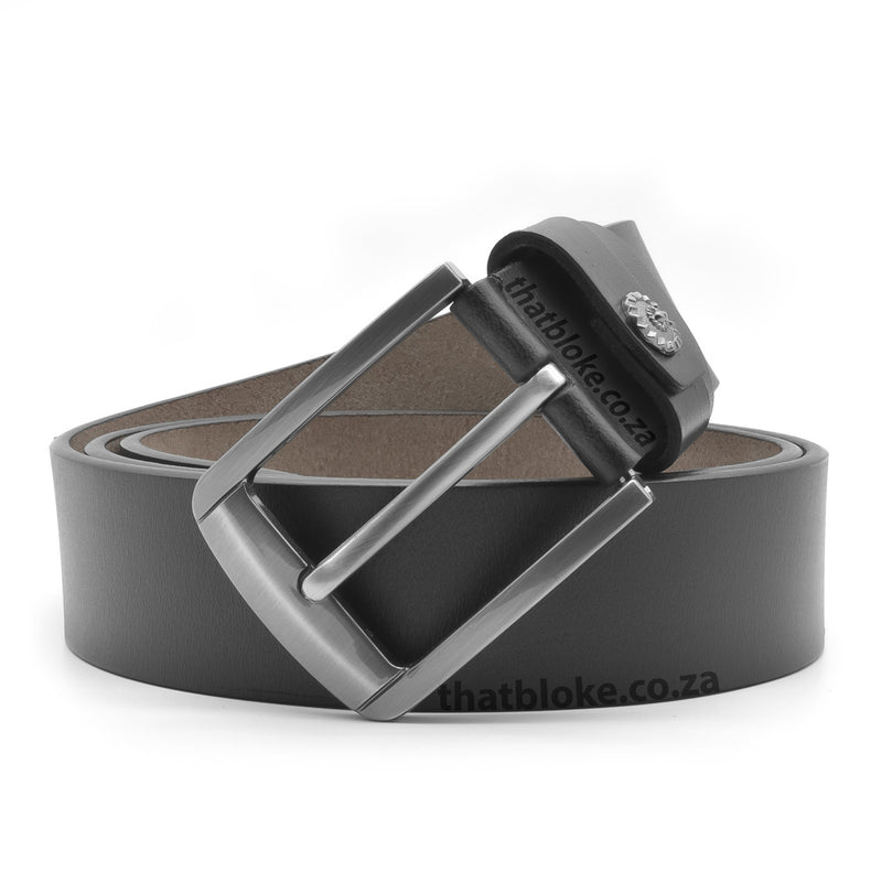 100% Genuine Leather Dark Brown Men's Belt with Curved Brushed Alloy Buckle and Decorative Stud Front Image