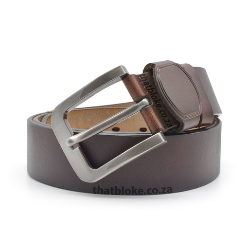 100% Genuine Leather Dark Brown Men's Belt with Square Brushed Alloy Buckle and Badge Loop Front Image