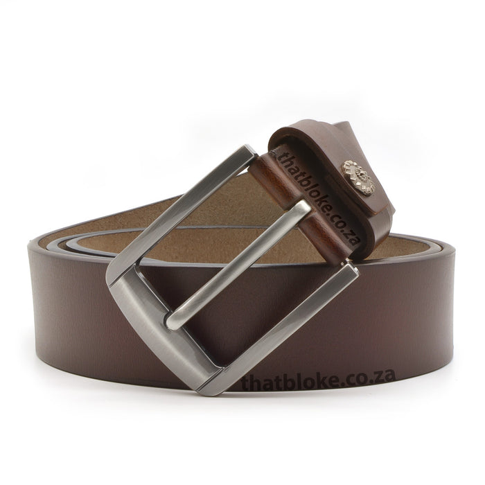 100% Genuine Leather Dark Brown Men's Belt with Curved Brushed Alloy Buckle Front Image