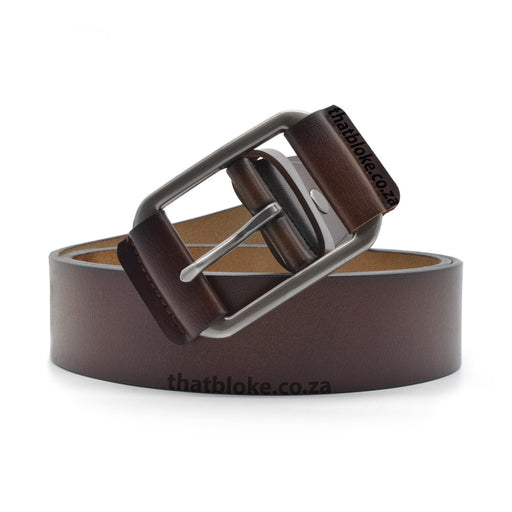 100% Genuine Leather Dark Brown Men's Belt with Square Alloy Buckle and Pad Wraps Front Image