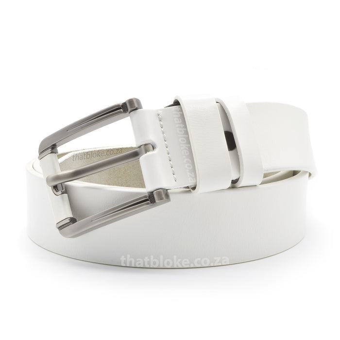 100% Genuine Leather White Men's Belt with Square Alloy Buckle and Pad Wrap Front Image