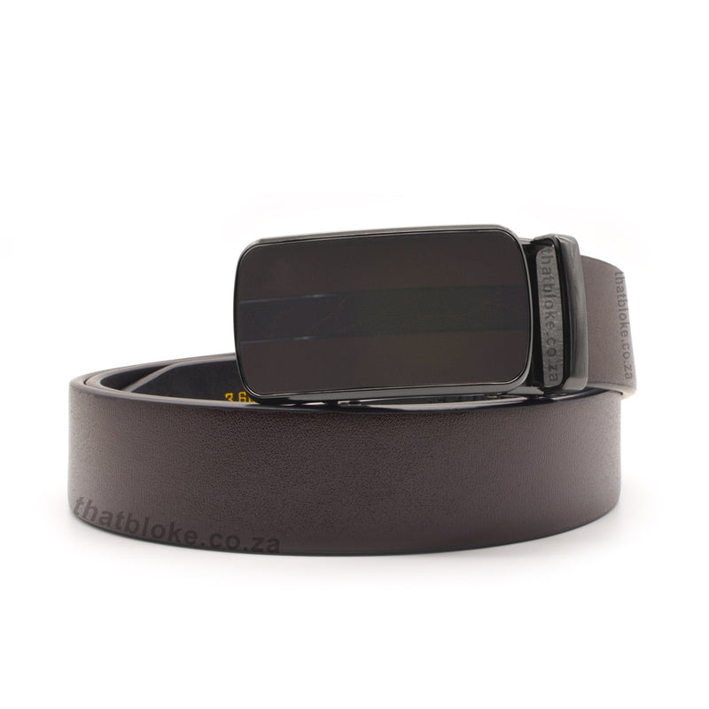 Formal Dark Brown Mens Belt with Gunmetal Black Buckle Centre Split Front View