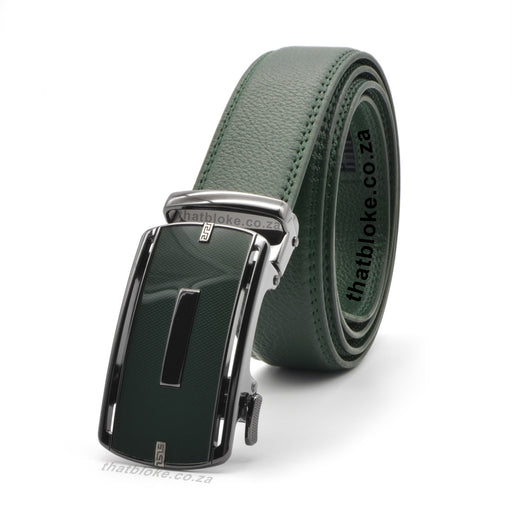 Mens Formal Dark Green Belt with a gunmetal black belt buckle with glossy Dark Green front PU Leather stitched finish side view