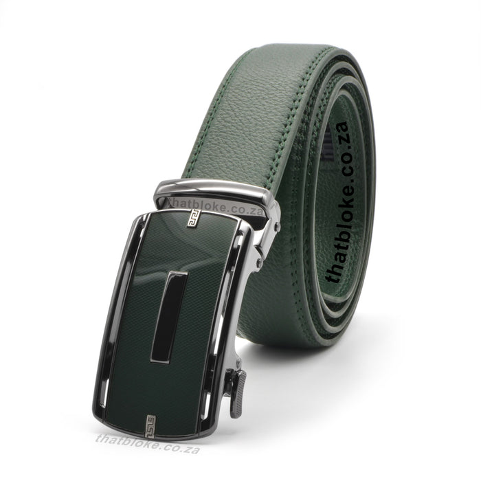 Mens Formal Dark Green Belt with a gunmetal black belt buckle with glossy Dark Green front PU Leather stitched finish side view