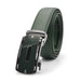 Mens Formal Dark Green Belt with a gunmetal black belt buckle with glossy Dark Green front PU Leather stitched finish side view