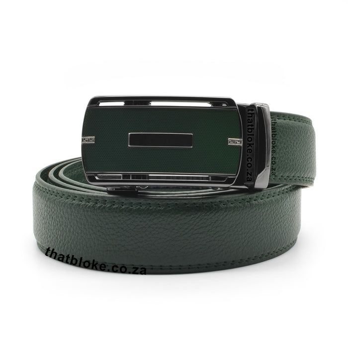 Mens Formal Dark Green Belt with a gunmetal black belt buckle with glossy Dark Green front PU Leather stitched finish front view