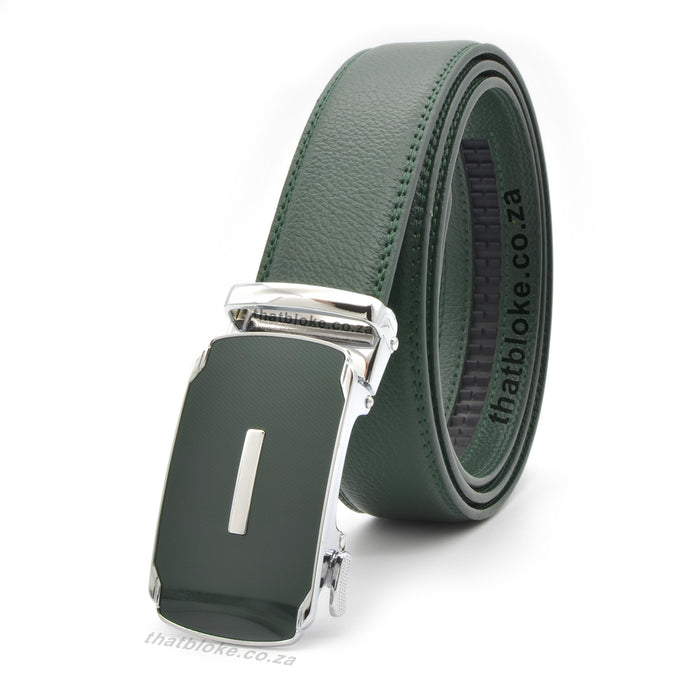 Mens Formal Dark Green Belt with a silver belt buckle with round edges and glossy Dark Green front PU Leather stitched finish side view