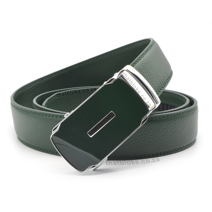 Mens Formal Dark Green Belt with a silver belt buckle with round edges and glossy Dark Green front PU Leather stitched finish front view