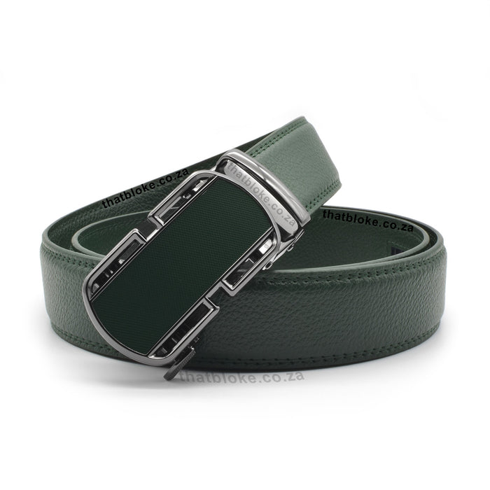 Mens Formal Dark Green Belt with a gunmetal black belt buckle with rounded edged and glossy Dark Green front PU Leather stitched finish display view