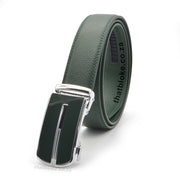 Mens Formal Dark Green Belt with a silver belt buckle with stripe center and glossy Dark Green front PU Leather stitched finish side view