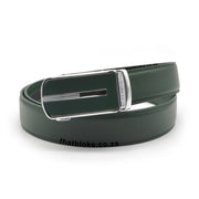 Mens Formal Dark Green Belt with a silver belt buckle with stripe center and glossy Dark Green front PU Leather stitched finish front view
