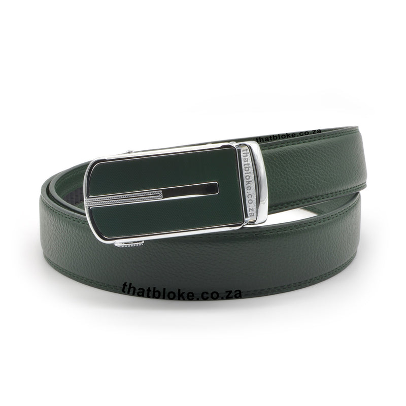 Mens Formal Dark Green Belt with a silver belt buckle with stripe center and glossy Dark Green front PU Leather stitched finish front view