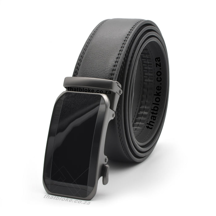 Mens Formal Black Belt with a matt charcoal grey belt buckle with glossy front end PU Leather stitched finish side view