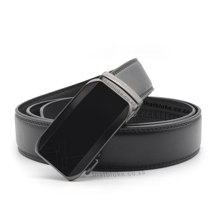 Mens Formal Black Belt with a matt charcoal grey belt buckle with glossy front end PU Leather stitched finish display view