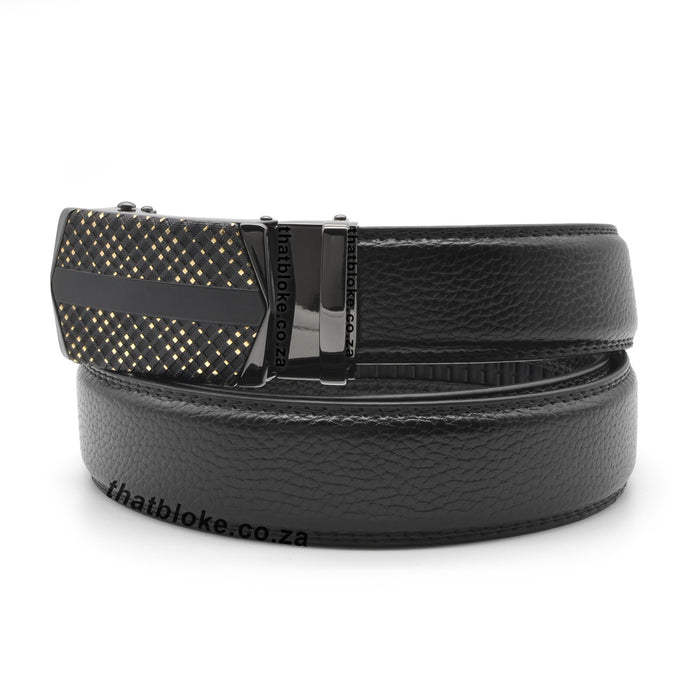 Mens Formal Black Belt with a gunmetal black buckle and gold square angled blocks pattern front PU Leather stitched finish front view