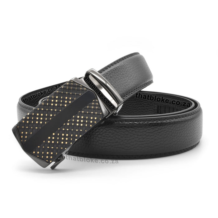 Mens Formal Black Belt with a gunmetal black buckle and gold square angled blocks pattern front PU Leather stitched finish display view