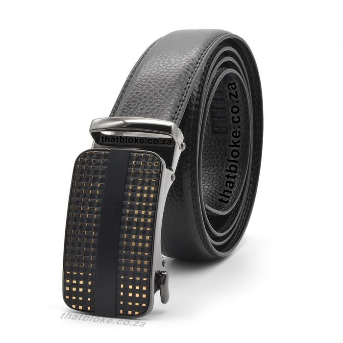 Mens Formal Black Belt with a gunmetal black buckle and gold square blocks pattern front PU Leather stitched finish Side view