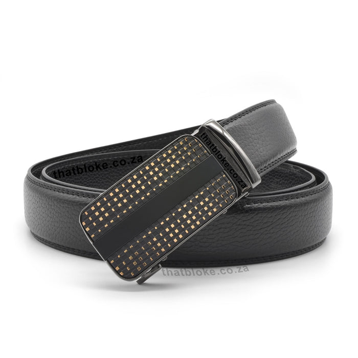 Mens Formal Black Belt with a gunmetal black buckle and gold square blocks pattern front PU Leather stitched finish display view