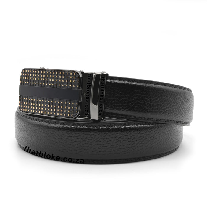 Mens Formal Black Belt with a gunmetal black buckle and gold square blocks pattern front PU Leather stitched finish front view