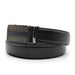 Mens Formal Black Belt with a gunmetal black buckle and gold square blocks pattern front PU Leather stitched finish front view