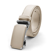Formal Beige Belt With Gunmetal Black Buckle Ratchet System Stiched PU Leather