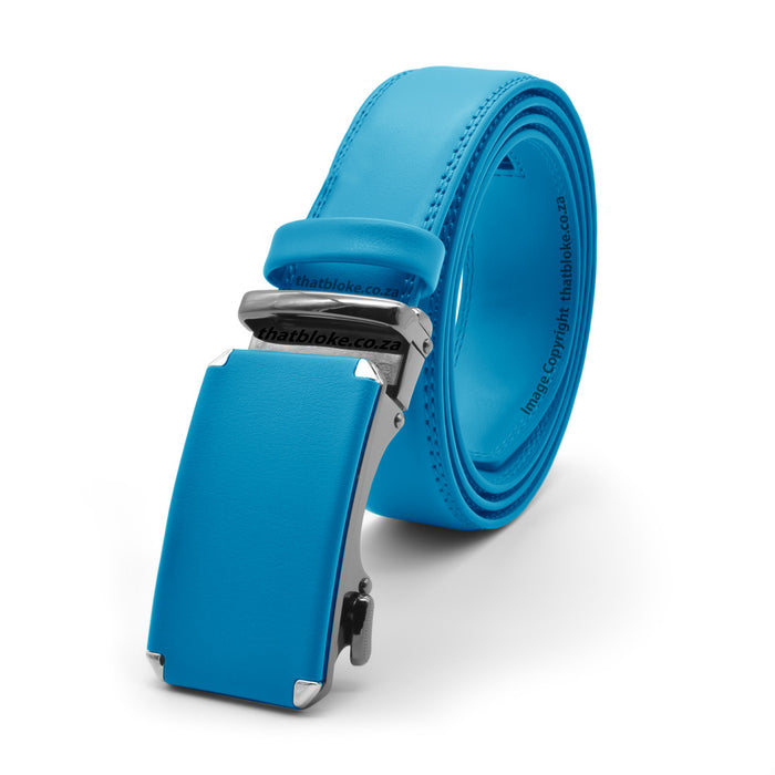 Formal Cyan Blue Belt With Gunmetal Black Buckle Ratchet System Stiched PU Leather