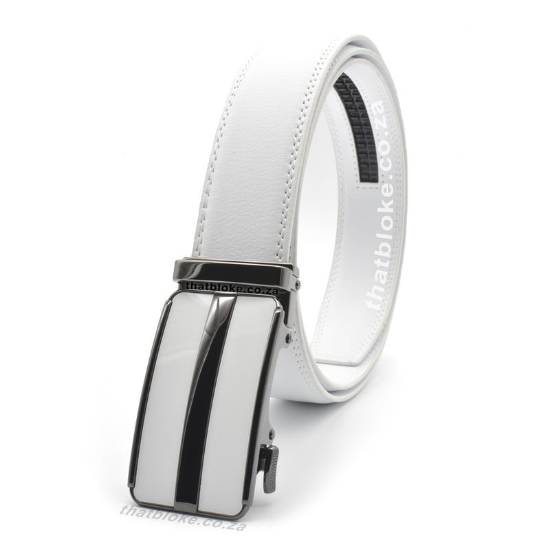 Formal White Belt For Men Stitched With Gunmetal Black Buckle Centre Split Side View