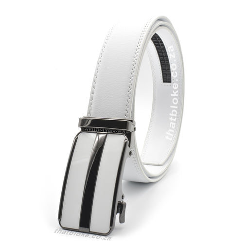 Formal White Belt For Men Stitched With Gunmetal Black Buckle Centre Split Side View