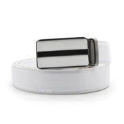 Formal White Belt For Men Stitched With Gunmetal Black Buckle Centre Split Front View